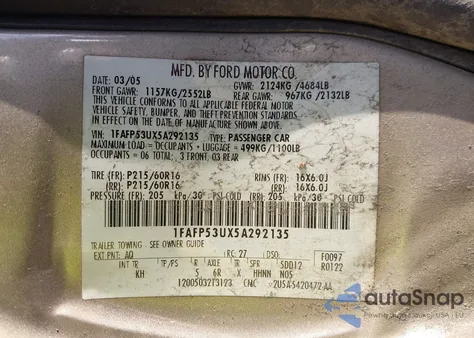 2005 Ford Taurus Se from USA, damaged, VIN 1FAFP53UX5A292135